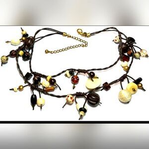 Vintage Necklace Signed Chico's Brown Bead Tribal Carved Double Strand 12"-15"